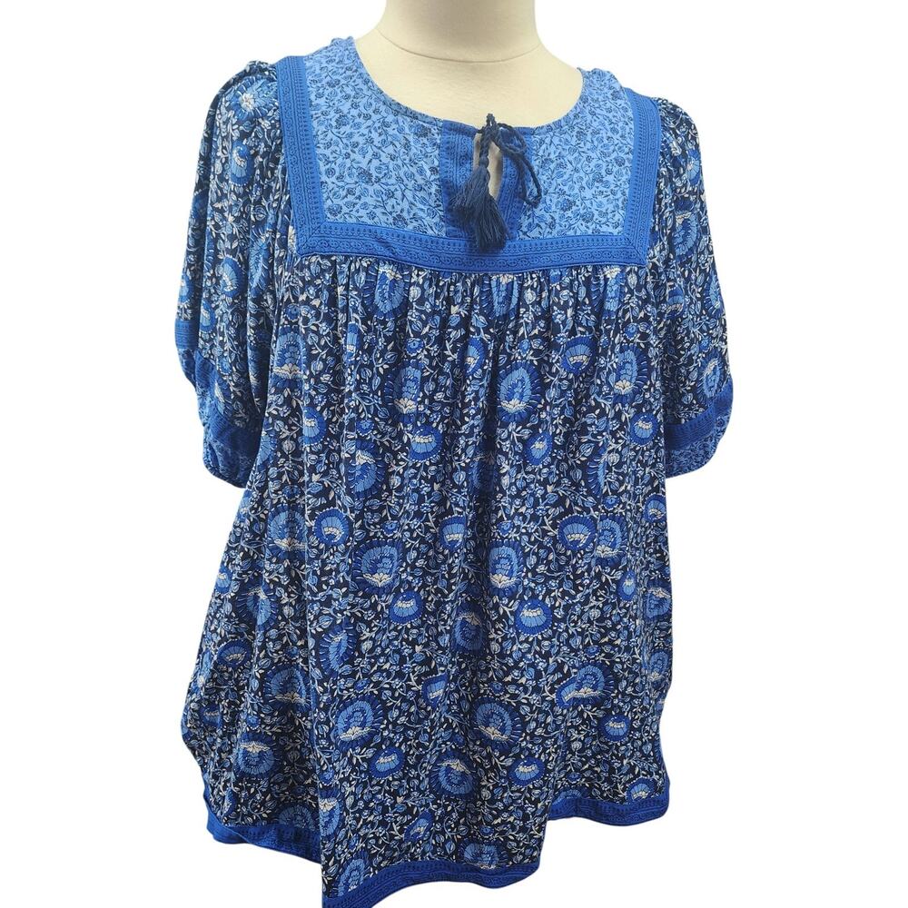 Old Navy Womens 2X Blue Floral Peasant Blouse Boho Hippie Cottagecore Pockets - Picture 2 of 13